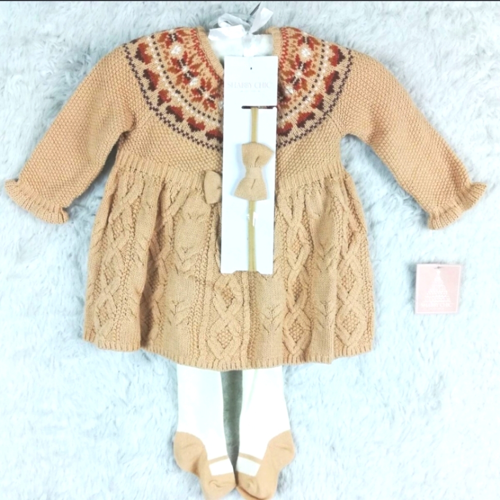 NWT Shabby Chic Knitted Dress Set in Tan and Cream - 3-6mo